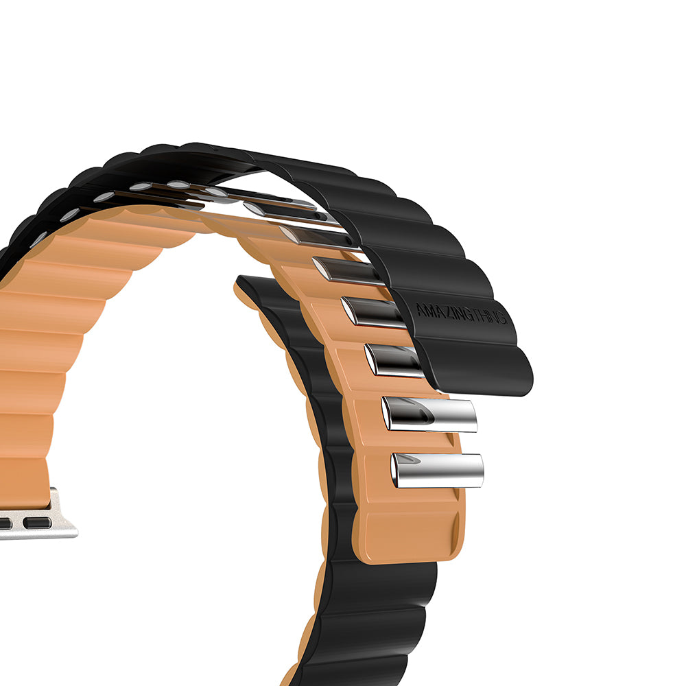 Apple Watch Ultra 49mm Amazingthing Smoothie Mag Magnetik Tak Çıkar Silikon Strap Kayış Siyah-Turuncu