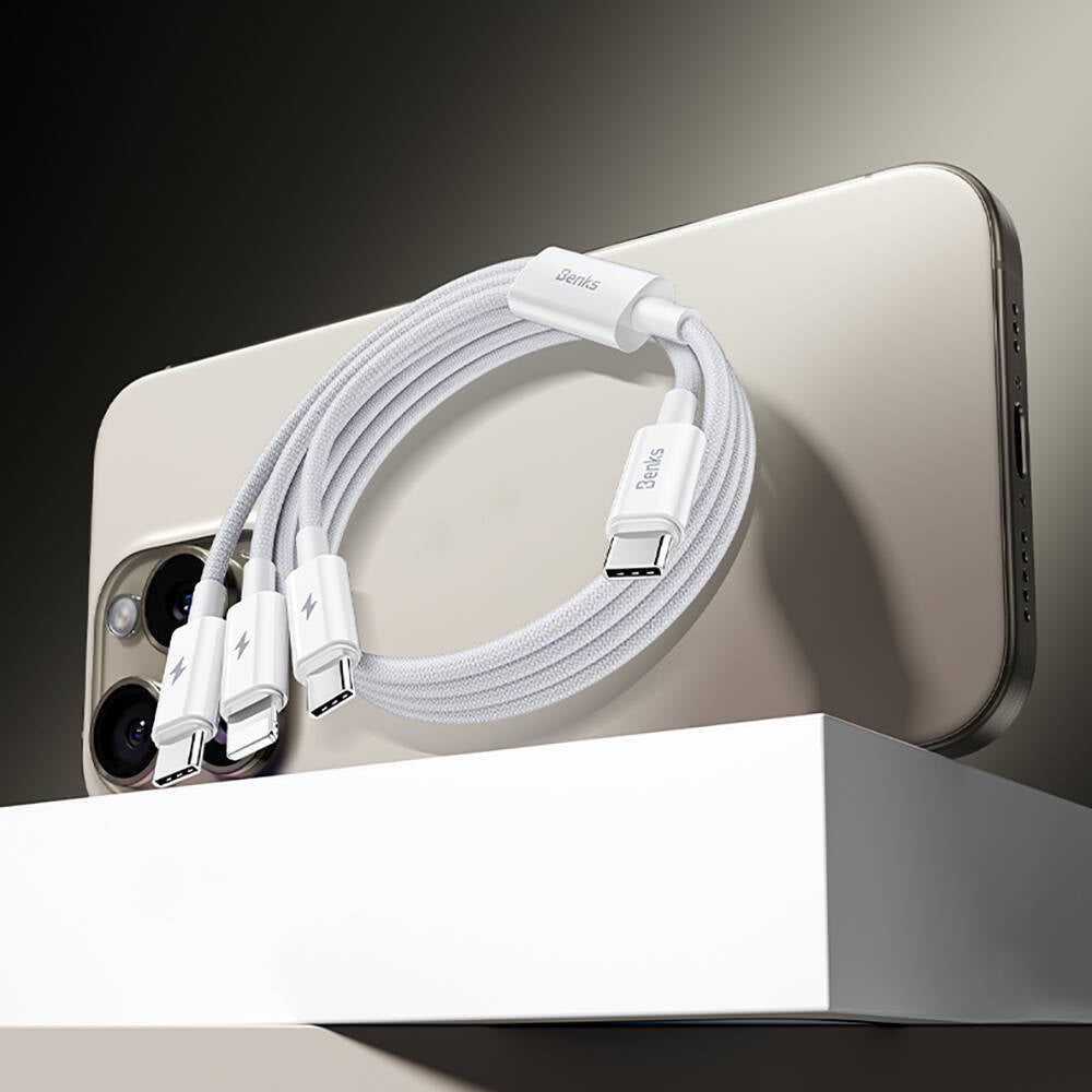Benks D46 Type-C to Type-C & Type-C & Lightning PD3.0 Örgülü Şarj ve Data Kablosu 100W 1.2 Metre Beyaz