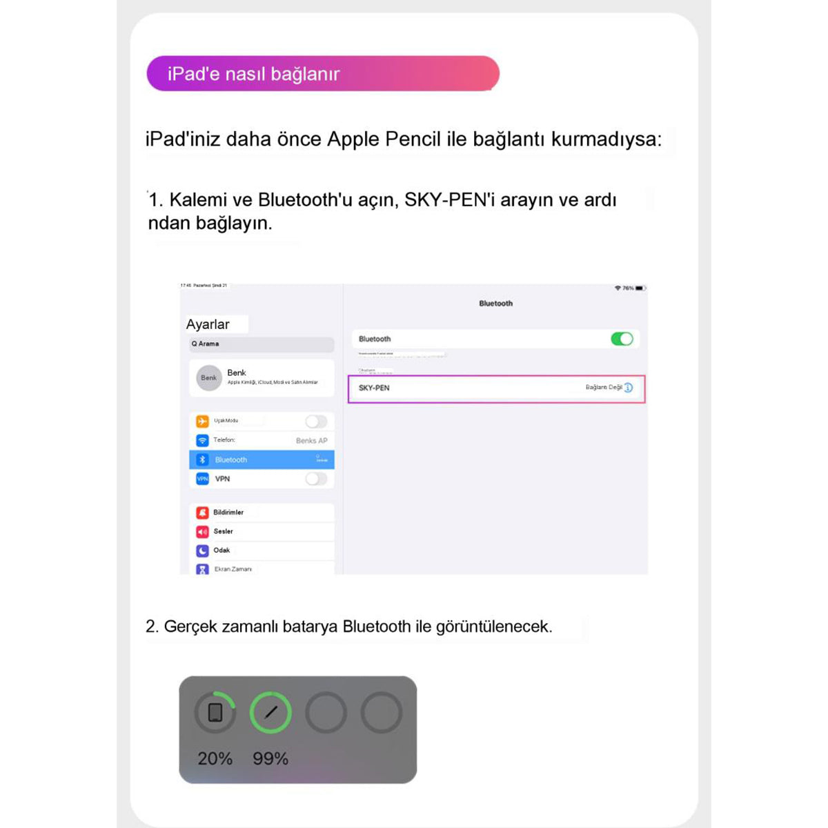 Benks Magnetik Wireless Şarj Özellikli Palm Rejection Kapasitif Dokunmatik Çizim Kalemi Beyaz