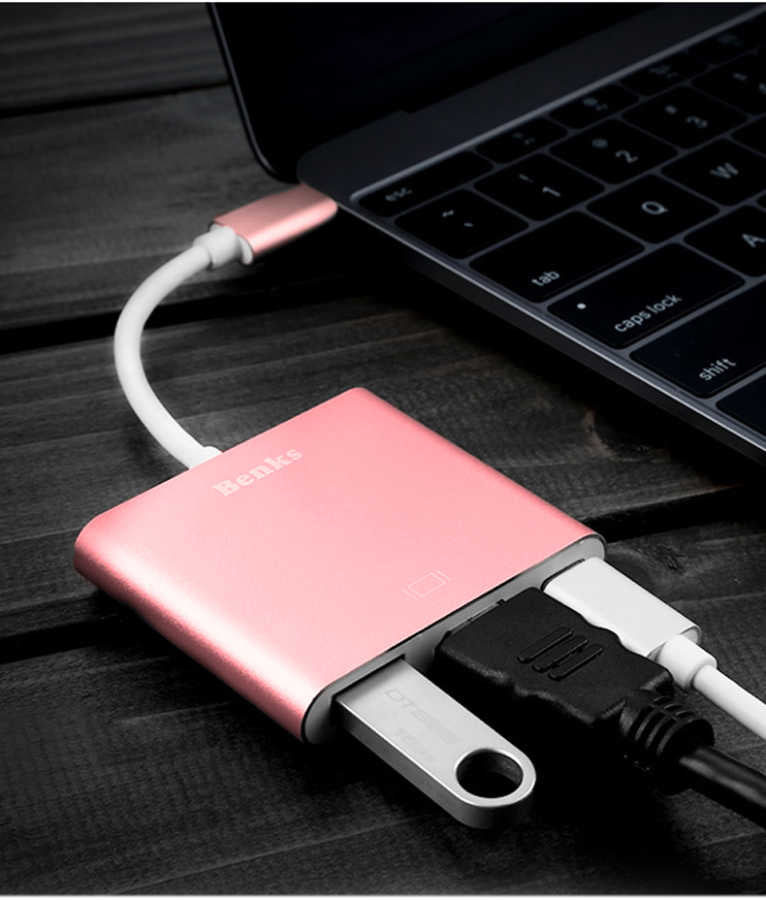 Benks U19 Type-C to 3 in 1 Adaptör (Usb 3.0+HDMI+Type-c) Rose Gold