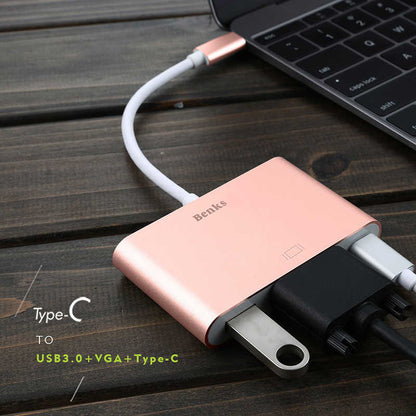 Benks U20 Type-C to 3 in 1 Adaptör (Usb 3.0+VGA+Type-C) Rose Gold