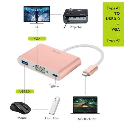 Benks U20 Type-C to 3 in 1 Adaptör (Usb 3.0+VGA+Type-C) Gri