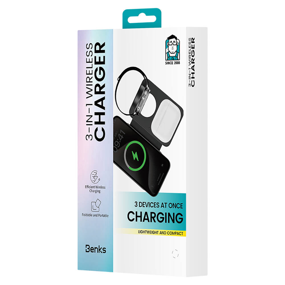 Benks W12-01 Telefon&Akıllı Saat&Kulaklık İçin 15W 3in1 Katlanabilir Magnetik Kablosuz Şarj Standı Beyaz