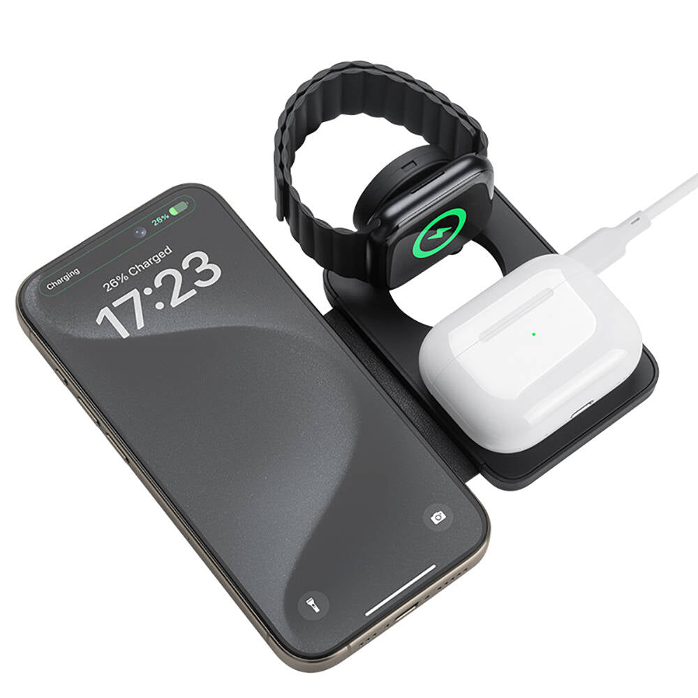 Benks W12-01 Telefon&Akıllı Saat&Kulaklık İçin 15W 3in1 Katlanabilir Magnetik Kablosuz Şarj Standı Siyah