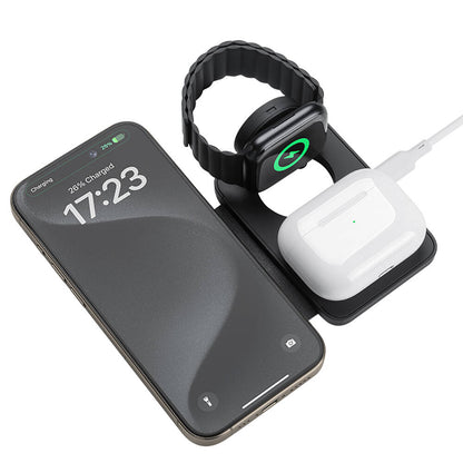 Benks W12-01 Telefon&Akıllı Saat&Kulaklık İçin 15W 3in1 Katlanabilir Magnetik Kablosuz Şarj Standı Siyah