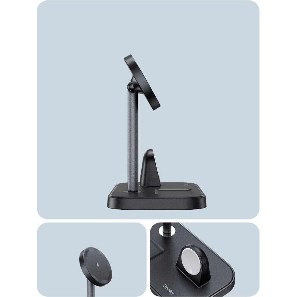 Benks W16 3in1 Telefon&Akıllı Saat&Kulaklık Kablosuz Şarj Standı Siyah