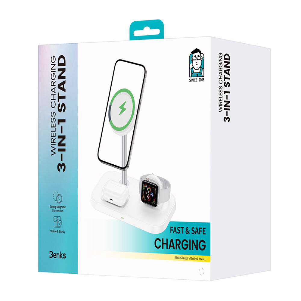 Benks W16 3in1 Telefon&Akıllı Saat&Kulaklık Kablosuz Şarj Standı Beyaz