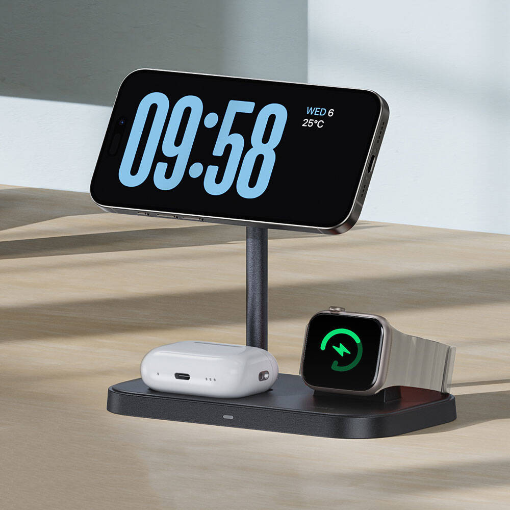 Benks W16 3in1 Telefon&Akıllı Saat&Kulaklık Kablosuz Şarj Standı Siyah
