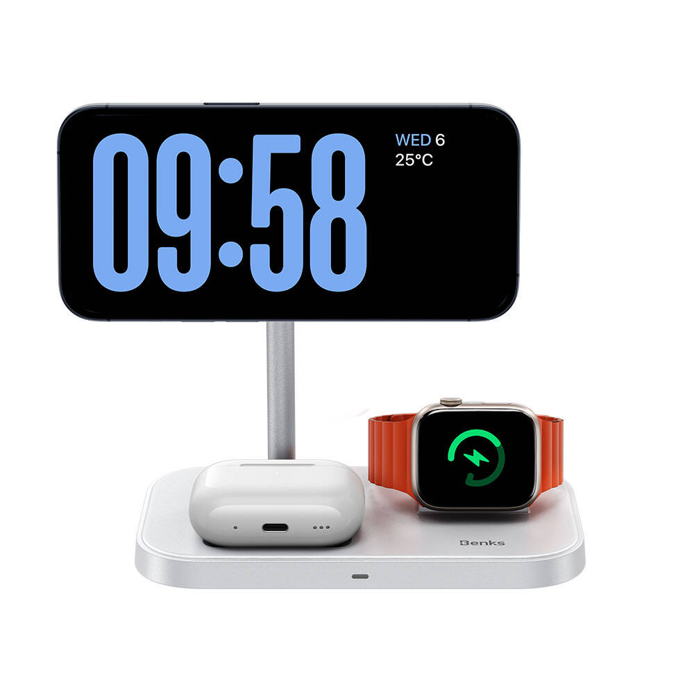 Benks W16 3in1 Telefon&Akıllı Saat&Kulaklık Kablosuz Şarj Standı Beyaz