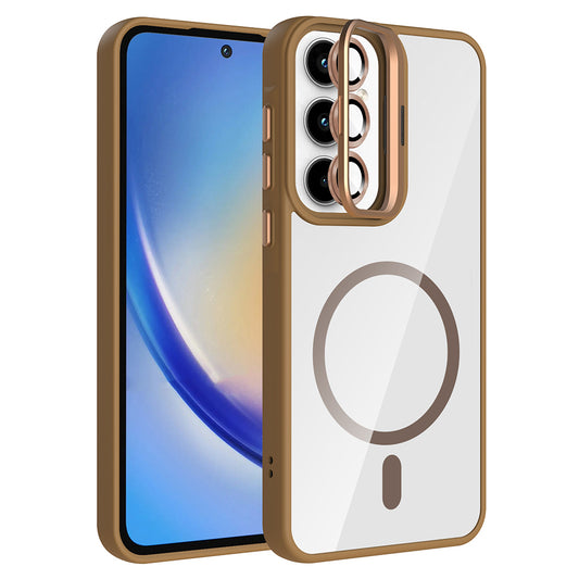 Galaxy A35 Kılıf Standlı ve Kamera Lens Hediyeli M-Safe Şarj Özellikli Zore Etro Kapak Siyah