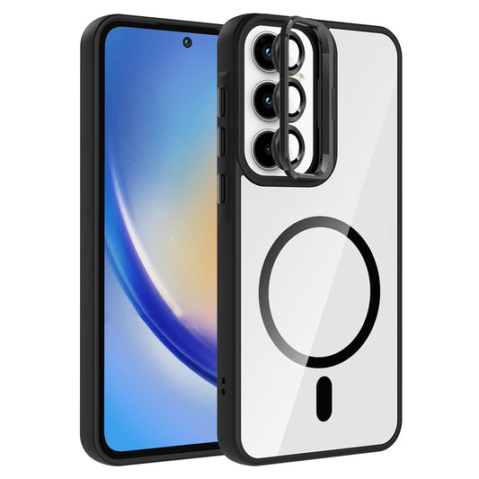 Galaxy A35 Kılıf Standlı ve Kamera Lens Hediyeli M-Safe Şarj Özellikli Zore Etro Kapak Siyah