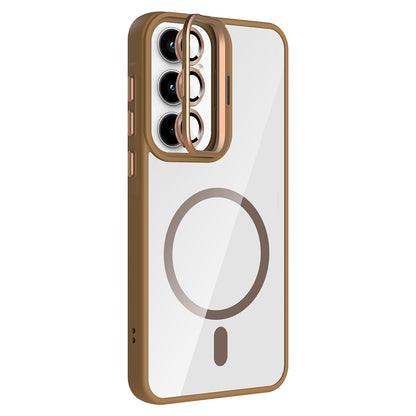 Galaxy A55 Kılıf Standlı ve Kamera Lens Hediyeli M-Safe Şarj Özellikli Zore Etro Kapak Desert Titanyum