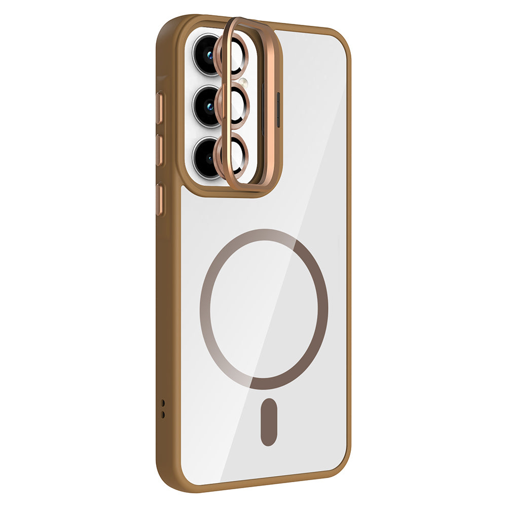 Galaxy A55 Kılıf Standlı ve Kamera Lens Hediyeli M-Safe Şarj Özellikli Zore Etro Kapak Lacivert