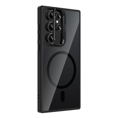 Galaxy S22 Ultra Kılıf Standlı ve Kamera Lens Hediyeli M-Safe Şarj Özellikli Zore Etro Kapak Pembe