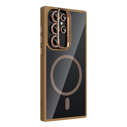 Galaxy S22 Ultra Kılıf Standlı ve Kamera Lens Hediyeli M-Safe Şarj Özellikli Zore Etro Kapak Desert Titanyum