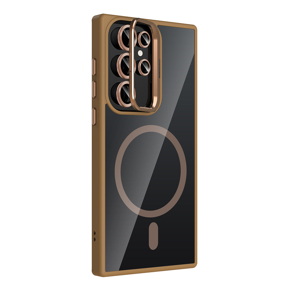 Galaxy S22 Ultra Kılıf Standlı ve Kamera Lens Hediyeli M-Safe Şarj Özellikli Zore Etro Kapak Lacivert