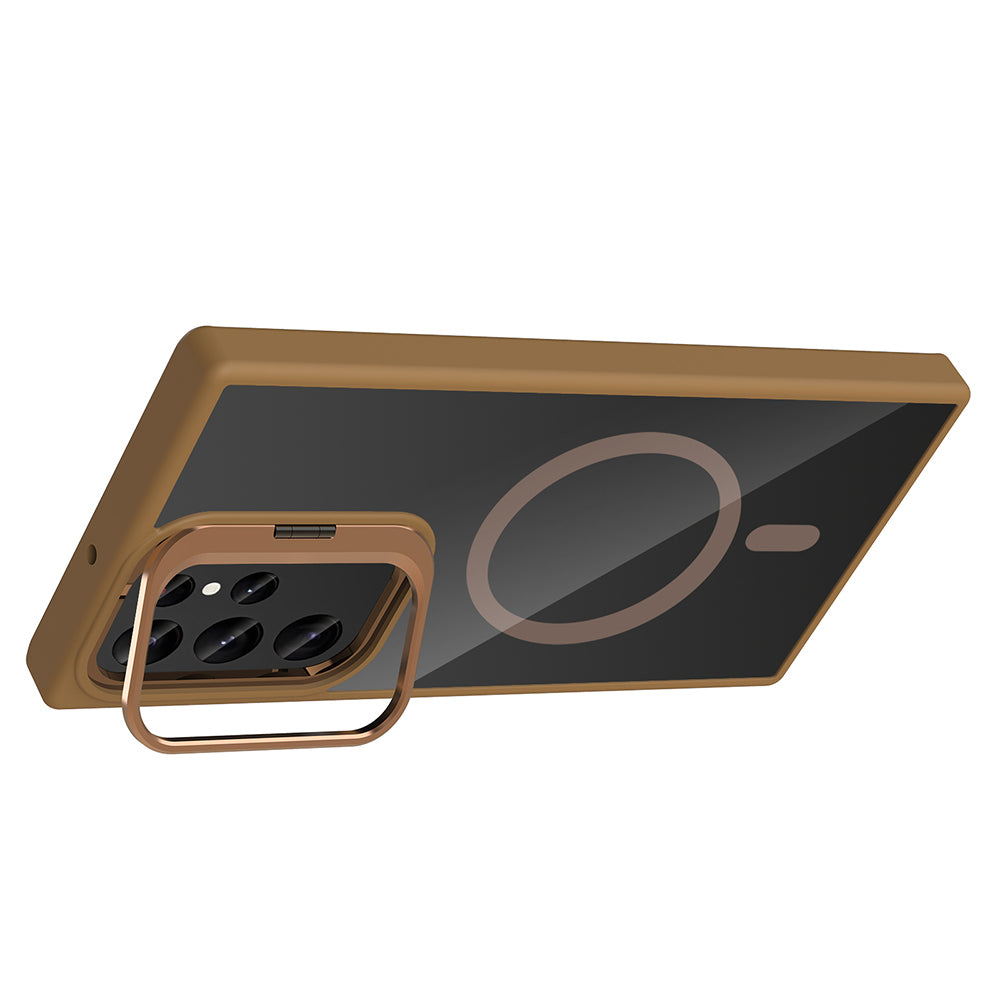 Galaxy S22 Ultra Kılıf Standlı ve Kamera Lens Hediyeli M-Safe Şarj Özellikli Zore Etro Kapak Desert Titanyum