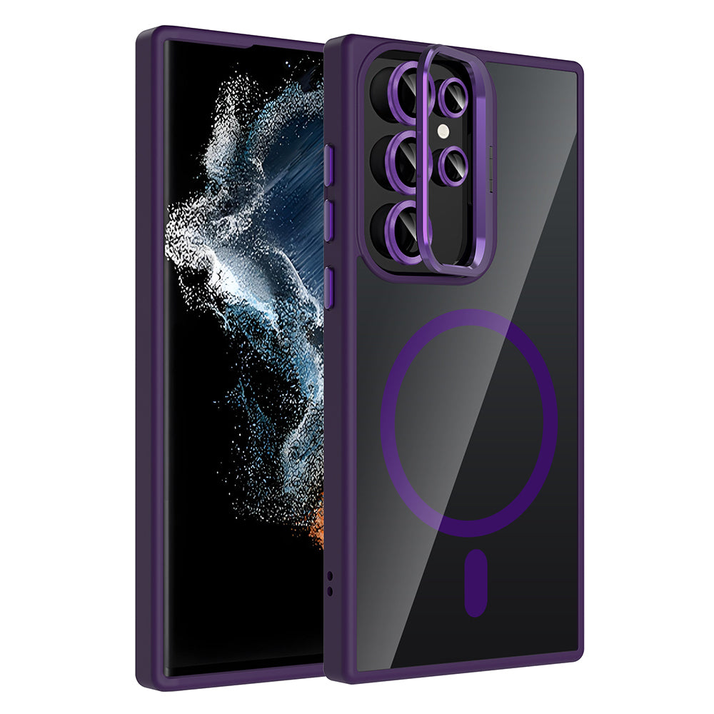 Galaxy S22 Ultra Kılıf Standlı ve Kamera Lens Hediyeli M-Safe Şarj Özellikli Zore Etro Kapak Derin Mor