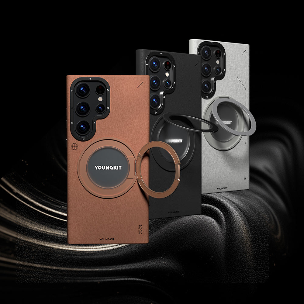 Galaxy S23 Ultra Kılıf M-safe Şarj Özellikli 360° Standlı Basit Mat Deri Desenli Youngkit Tech Leather Serisi Kapak Kahverengi