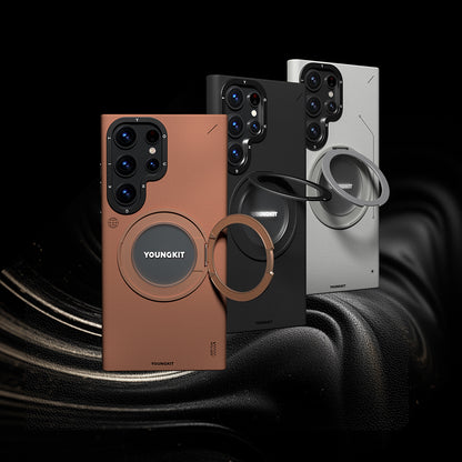 Galaxy S23 Ultra Kılıf M-safe Şarj Özellikli 360° Standlı Basit Mat Deri Desenli Youngkit Tech Leather Serisi Kapak Gri