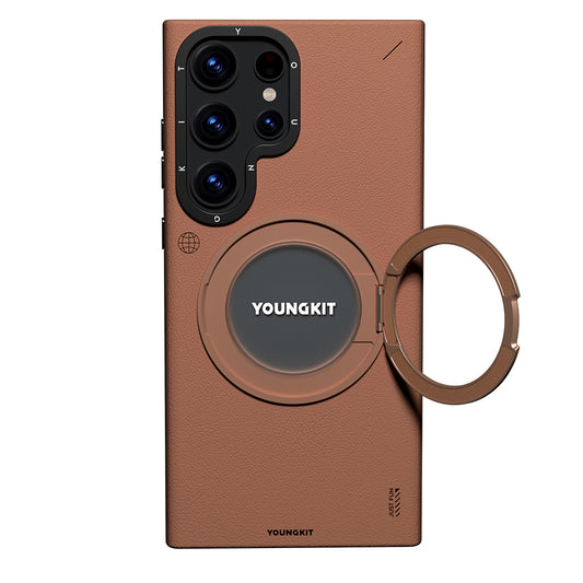 Galaxy S23 Ultra Kılıf M-safe Şarj Özellikli 360° Standlı Basit Mat Deri Desenli Youngkit Tech Leather Serisi Kapak Kahverengi