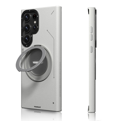 Galaxy S23 Ultra Kılıf M-safe Şarj Özellikli 360° Standlı Basit Mat Deri Desenli Youngkit Tech Leather Serisi Kapak Siyah