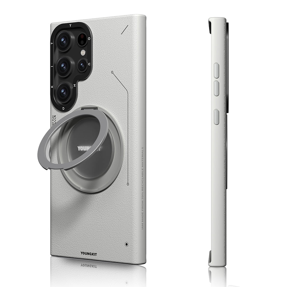 Galaxy S23 Ultra Kılıf M-safe Şarj Özellikli 360° Standlı Basit Mat Deri Desenli Youngkit Tech Leather Serisi Kapak Gri