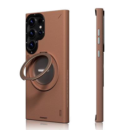 Galaxy S23 Ultra Kılıf M-safe Şarj Özellikli 360° Standlı Basit Mat Deri Desenli Youngkit Tech Leather Serisi Kapak Siyah