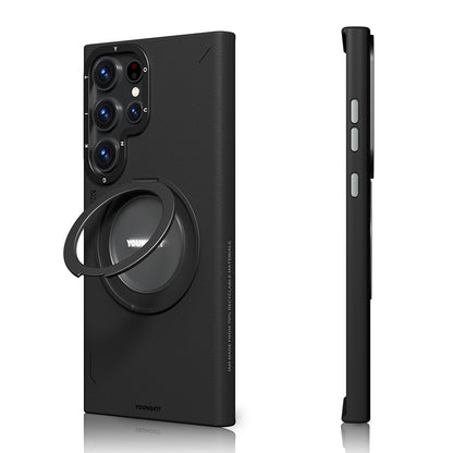 Galaxy S23 Ultra Kılıf M-safe Şarj Özellikli 360° Standlı Basit Mat Deri Desenli Youngkit Tech Leather Serisi Kapak Siyah