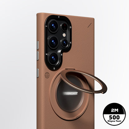 Galaxy S23 Ultra Kılıf M-safe Şarj Özellikli 360° Standlı Basit Mat Deri Desenli Youngkit Tech Leather Serisi Kapak Siyah