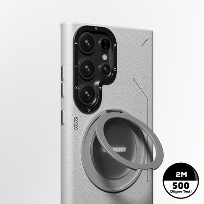 Galaxy S23 Ultra Kılıf M-safe Şarj Özellikli 360° Standlı Basit Mat Deri Desenli Youngkit Tech Leather Serisi Kapak Siyah