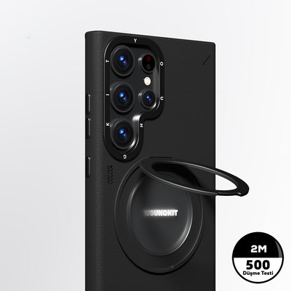 Galaxy S23 Ultra Kılıf M-safe Şarj Özellikli 360° Standlı Basit Mat Deri Desenli Youngkit Tech Leather Serisi Kapak Siyah