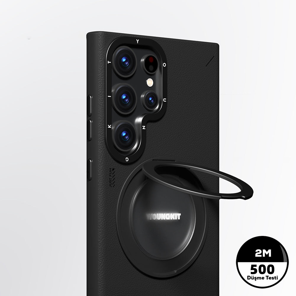 Galaxy S23 Ultra Kılıf M-safe Şarj Özellikli 360° Standlı Basit Mat Deri Desenli Youngkit Tech Leather Serisi Kapak Kahverengi