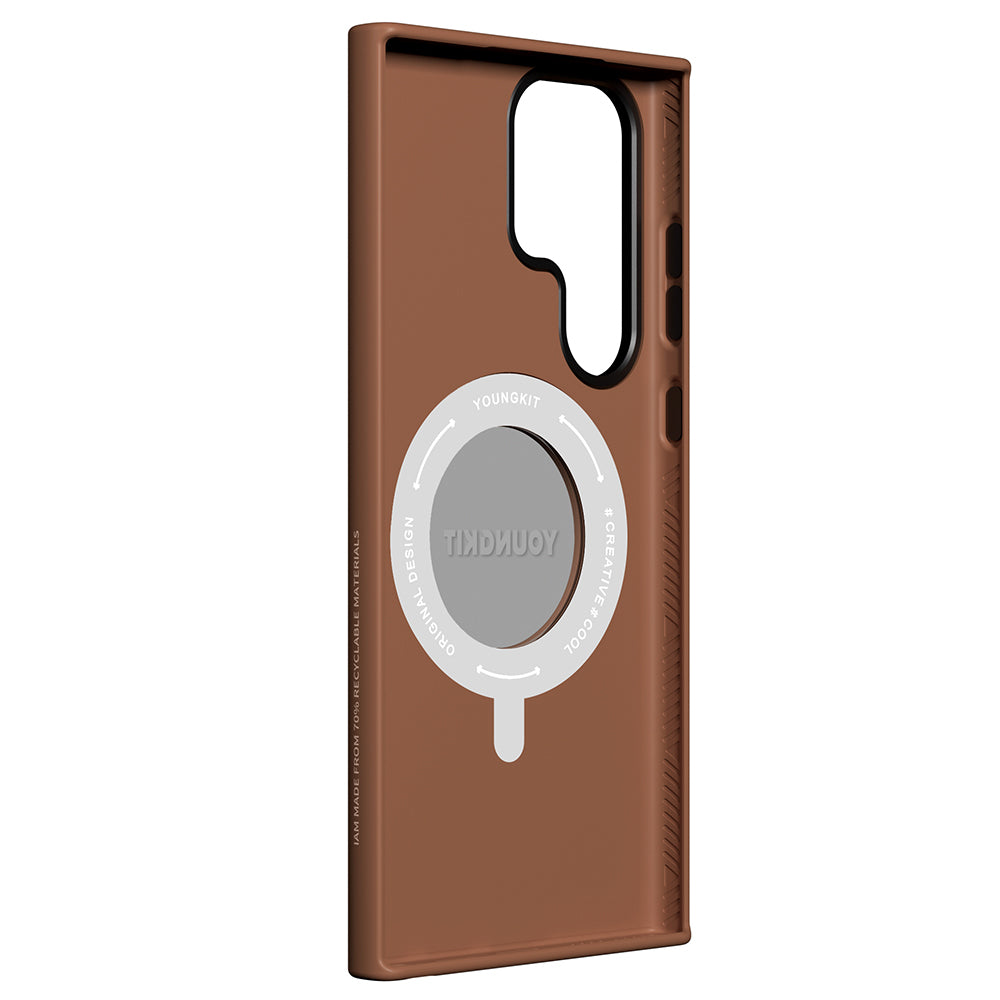 Galaxy S23 Ultra Kılıf M-safe Şarj Özellikli 360° Standlı Basit Mat Deri Desenli Youngkit Tech Leather Serisi Kapak Siyah