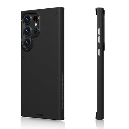 Galaxy S23 Ultra Kılıf M-safe Şarj Özellikli Basit Mat Deri Desenli Youngkit Tech Fashion Serisi Kapak Siyah