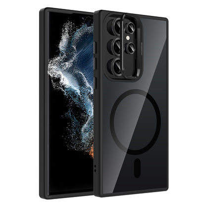 Galaxy S23 Ultra Kılıf Standlı ve Kamera Lens Hediyeli M-Safe Şarj Özellikli Zore Etro Kapak Lacivert