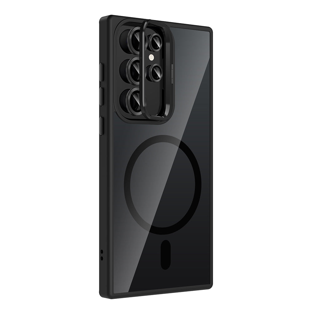 Galaxy S23 Ultra Kılıf Standlı ve Kamera Lens Hediyeli M-Safe Şarj Özellikli Zore Etro Kapak Pembe