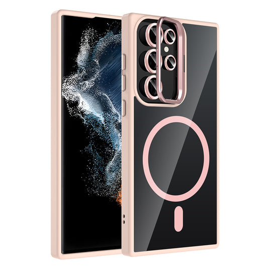 Galaxy S23 Ultra Kılıf Standlı ve Kamera Lens Hediyeli M-Safe Şarj Özellikli Zore Etro Kapak Pembe