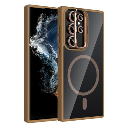 Galaxy S23 Ultra Kılıf Standlı ve Kamera Lens Hediyeli M-Safe Şarj Özellikli Zore Etro Kapak Desert Titanyum