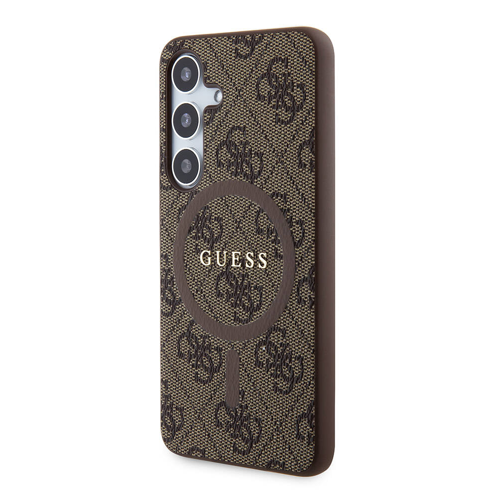 Galaxy S24 Kılıf Guess Orjinal Lisanslı M-safe Şarj Özellikli PU Halkalı 4G Desenli Yazı Logolu Kapak Kahverengi