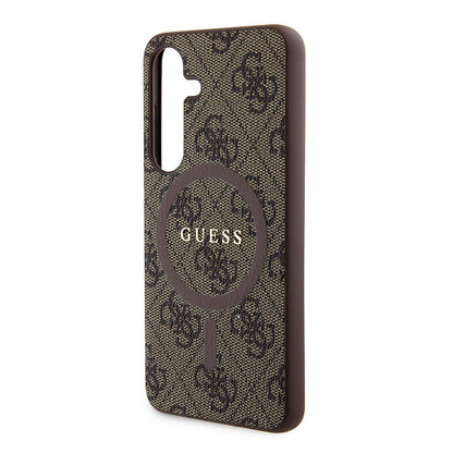Galaxy S24 Kılıf Guess Orjinal Lisanslı M-safe Şarj Özellikli PU Halkalı 4G Desenli Yazı Logolu Kapak Kahverengi