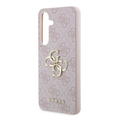 Galaxy S24 Kılıf Guess Orjinal Lisanslı PU Deri Yazı ve 4G Metal Logolu Desenli Kapak Pembe