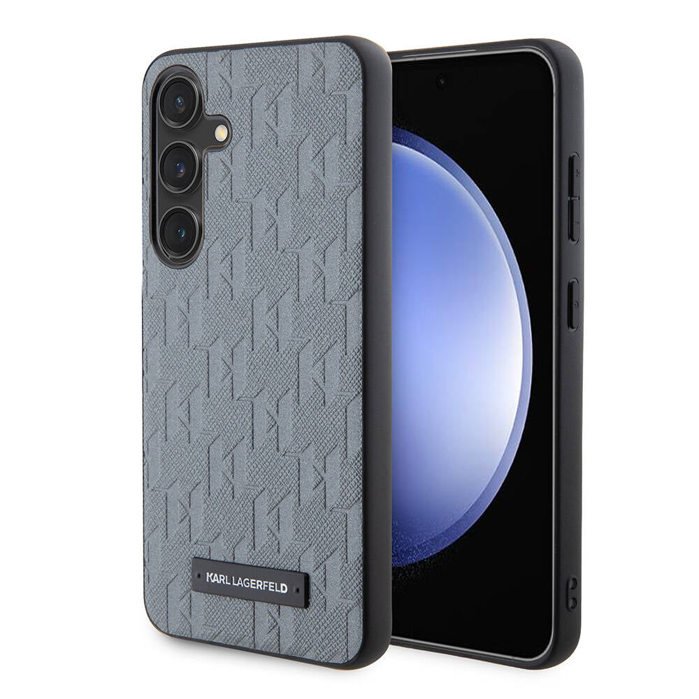 Galaxy S24 Kılıf Karl Lagerfeld Orjinal Lisanslı Saffiano Monogram Metal Logo Kapak Gri