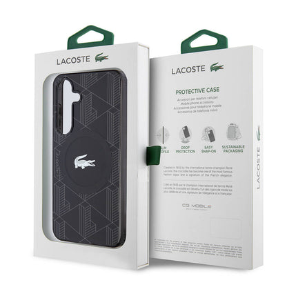 Galaxy S24 Kılıf Lacoste Orjinal Lisanslı M-safe Şarj Özellikli Çift Katmanlı Timsah Logolu Blend Monogram Kapak Siyah