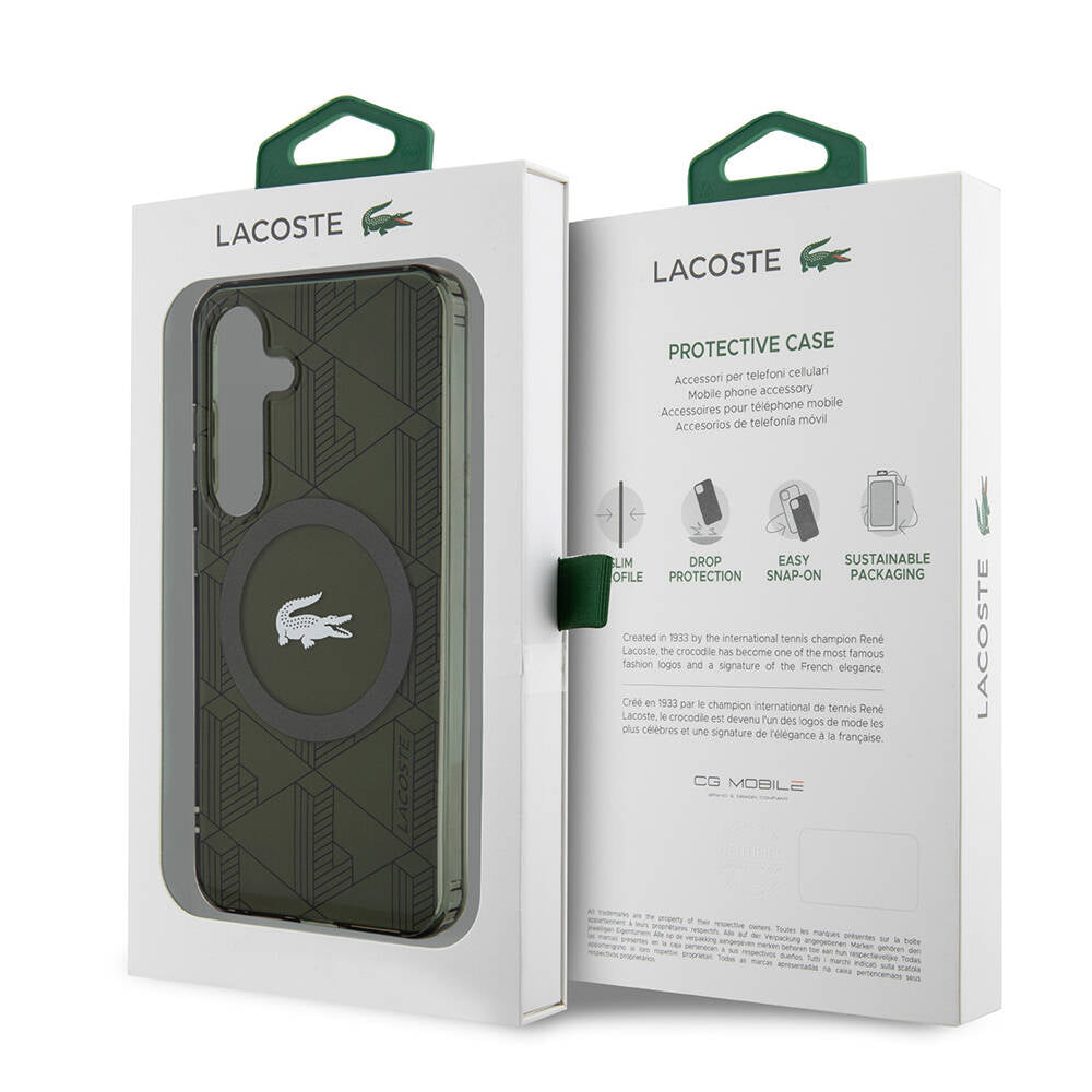 Galaxy S24 Kılıf Lacoste Orjinal Lisanslı M-safe Şarj Özellikli Çift Katmanlı Timsah Logolu Blend Monogram Kapak Haki