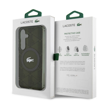 Galaxy S24 Kılıf Lacoste Orjinal Lisanslı M-safe Şarj Özellikli Çift Katmanlı Timsah Logolu Blend Monogram Kapak Siyah