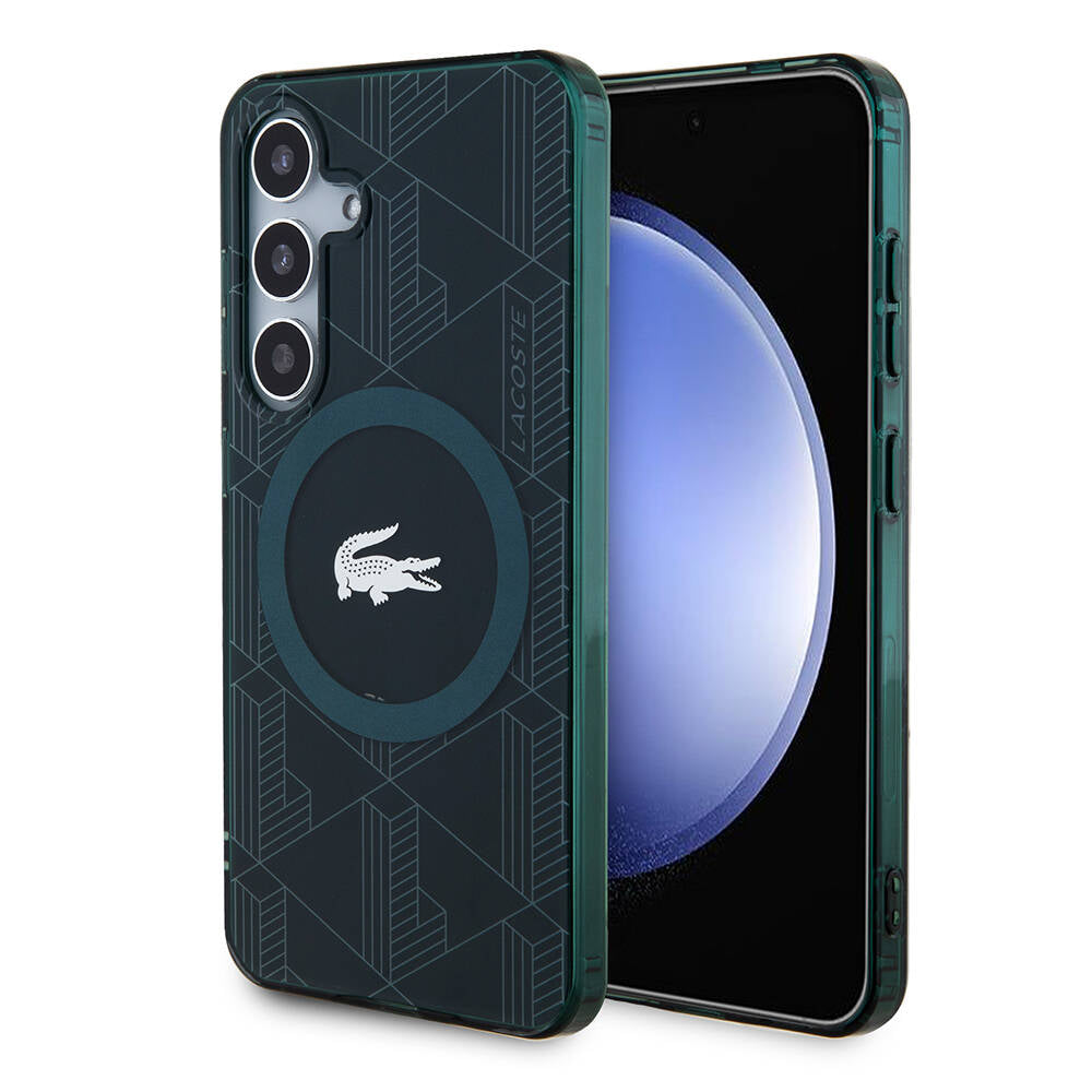 Galaxy S24 Kılıf Lacoste Orjinal Lisanslı M-safe Şarj Özellikli Çift Katmanlı Timsah Logolu Blend Monogram Kapak Siyah