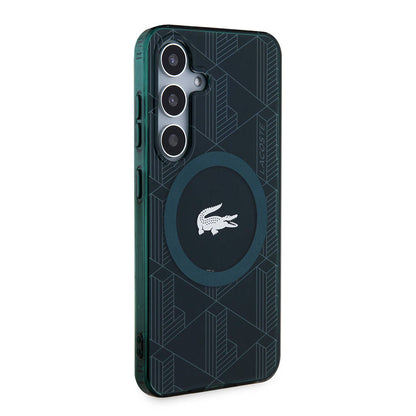 Galaxy S24 Kılıf Lacoste Orjinal Lisanslı M-safe Şarj Özellikli Çift Katmanlı Timsah Logolu Blend Monogram Kapak Petrol Yeşil