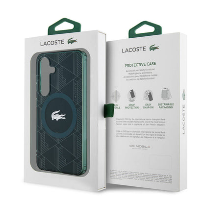 Galaxy S24 Kılıf Lacoste Orjinal Lisanslı M-safe Şarj Özellikli Çift Katmanlı Timsah Logolu Blend Monogram Kapak Petrol Yeşil