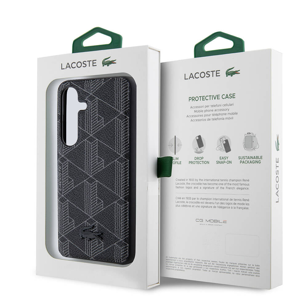 Galaxy S24 Kılıf Lacoste Orjinal Lisanslı M-safe Şarj Özellikli PU Deri Görünümlü Karışık Monogram Desenli Kapak Siyah